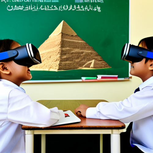 Home 6 A diverse group of Malaysian primary school children, fully clothed in clean, modest school uniforms, enthusiastically interacting with educational technology. One child is wearing a VR headset, seemingly immersed in a historical simulation of ancient Giza pyramids. Another child is using an AR-enabled tablet, viewing a complex 3D atom model floating above the screen. The setting is a brightly lit, modern Malaysian classroom with educational posters on the walls. The scene is vibrant, showcasing innovation in learning. safe for work, appropriate content, fully clothed, family-friendly, perfect anatomy, correct proportions, natural pose, well-formed hands, proper finger count, natural body proportions, professional photography, high quality.