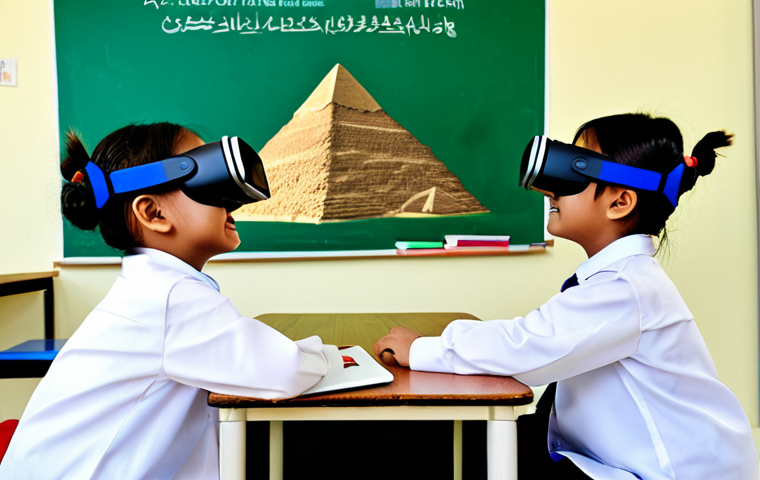 A diverse group of Malaysian primary school children, fully clothed in clean, modest school uniforms, enthusiastically interacting with educational technology. One child is wearing a VR headset, seemingly immersed in a historical simulation of ancient Giza pyramids. Another child is using an AR-enabled tablet, viewing a complex 3D atom model floating above the screen. The setting is a brightly lit, modern Malaysian classroom with educational posters on the walls. The scene is vibrant, showcasing innovation in learning. safe for work, appropriate content, fully clothed, family-friendly, perfect anatomy, correct proportions, natural pose, well-formed hands, proper finger count, natural body proportions, professional photography, high quality.